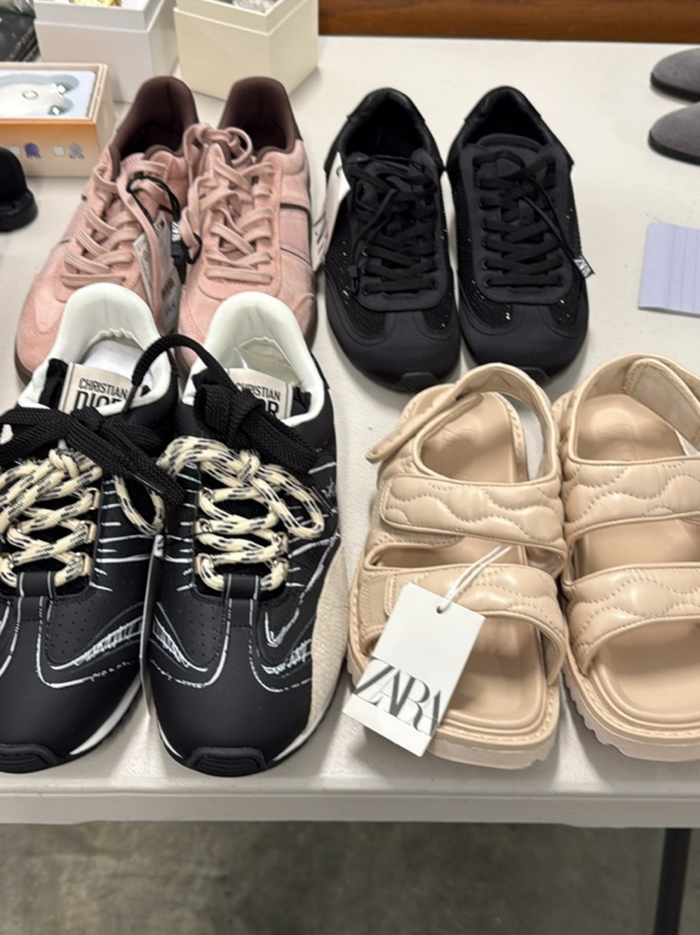 Zara Quilted Cream Slingback Sandals, black and pink sneakers.